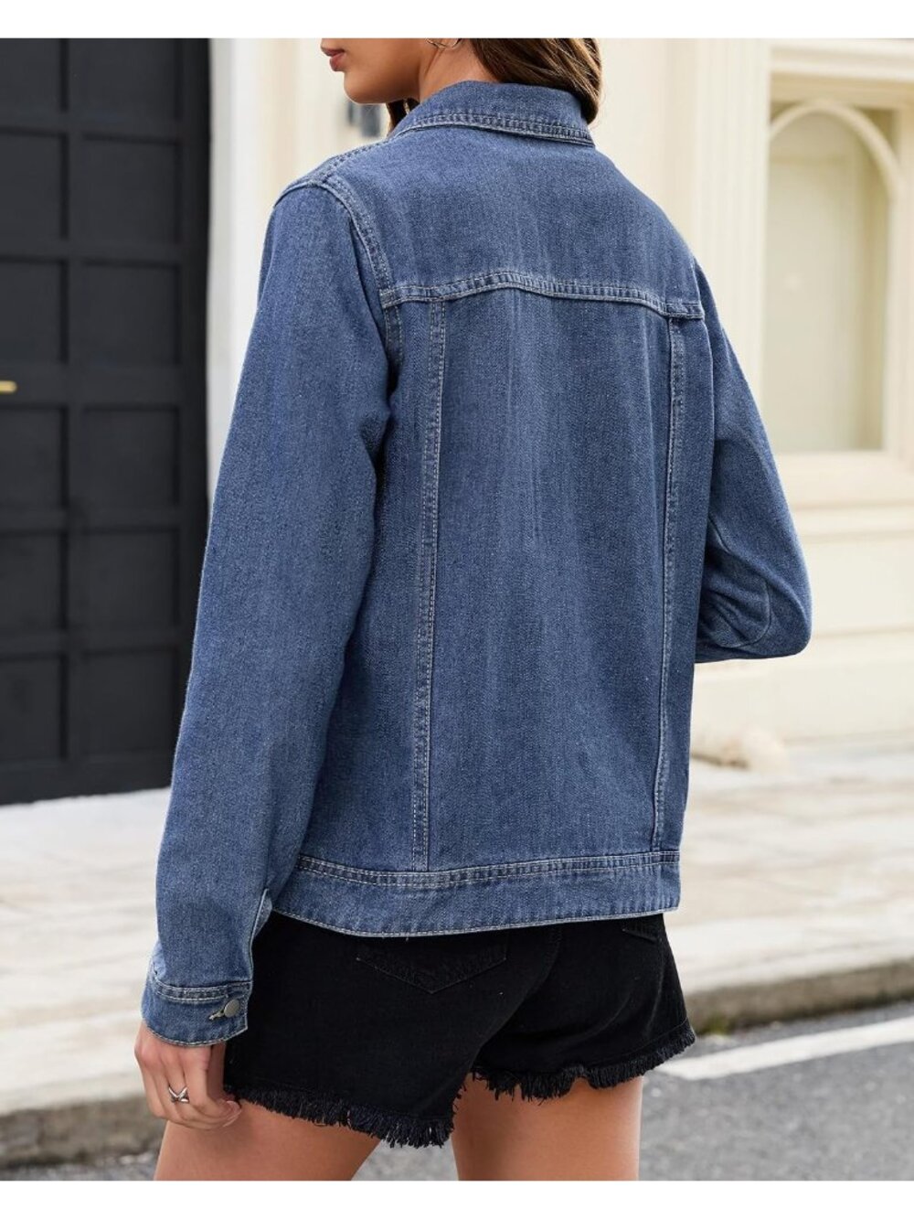 〽️ Women’s Knight Blue Long Sleeve Button Down Cropped Fitted Denim Jean Jacket - Picture 4 of 5